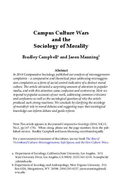 First page of “Campus Culture Wars and the Sociology of Morality”