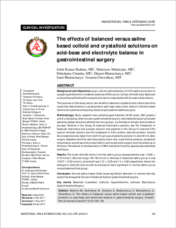 (PDF) Perioperative administration of buffered versus nonbuffered crystalloid intravenous fluid