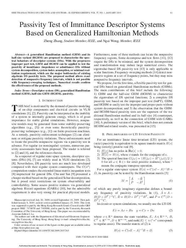 (PDF) Passivity test of immittance descriptor systems based on ...