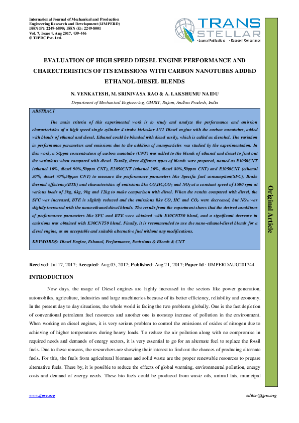 (PDF) EVALUATION OF HIGH SPEED DIESEL ENGINE PERFORMANCE AND ...
