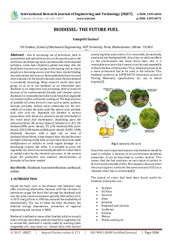 (PDF) BIODIESEL THE FUTURE FUEL IRJET Journal Academia.edu