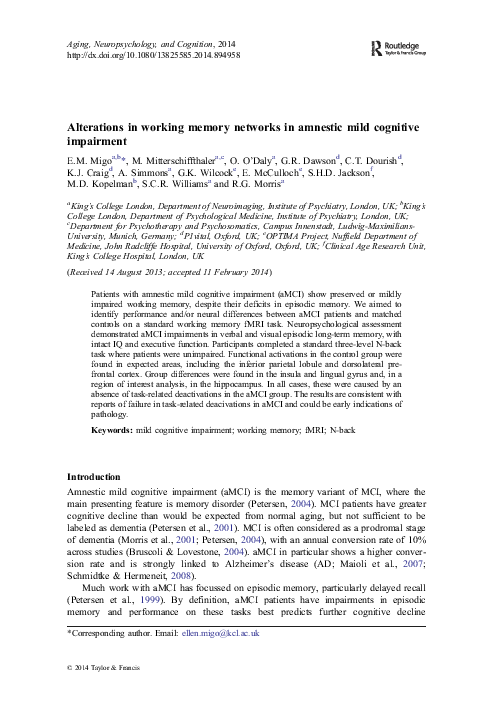 (PDF) Alterations in working memory networks in amnestic mild cognitive ...