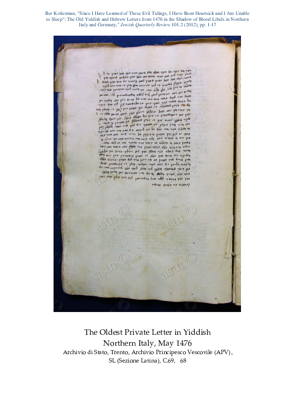 (PDF) The Oldest Private Letter in Yiddish, Northern Italy, May 1476