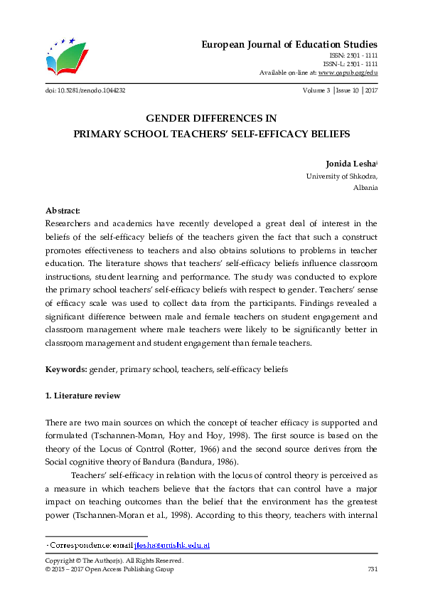 (PDF) GENDER DIFFERENCES IN PRIMARY SCHOOL TEACHERS’ SELFEFFICACY