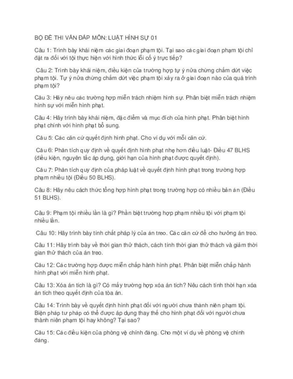 First page of “BỘ ĐỀ THI VẤN ĐÁP MÔN LUẬT HÌNH SỰ”