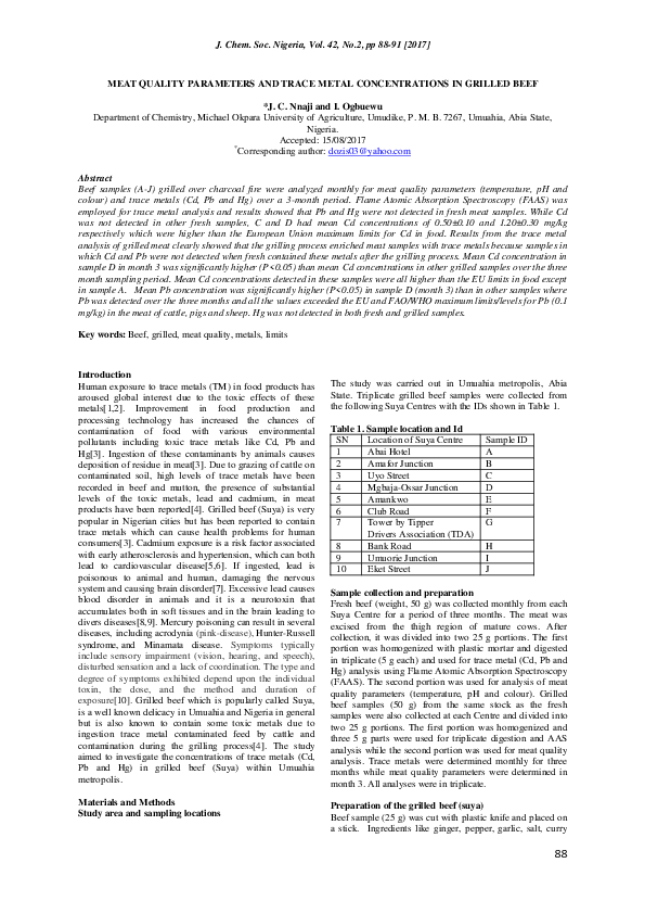 (PDF) MEAT QUALITY PARAMETERS AND TRACE METAL CONCENTRATIONS IN GRILLED BEEF ifeanyi ogbuewu
