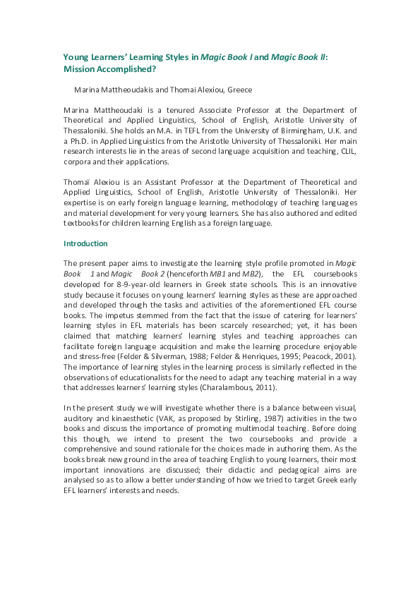 (PDF) Young Learners' Learning Styles in Magic Book I and Magic Book II ...