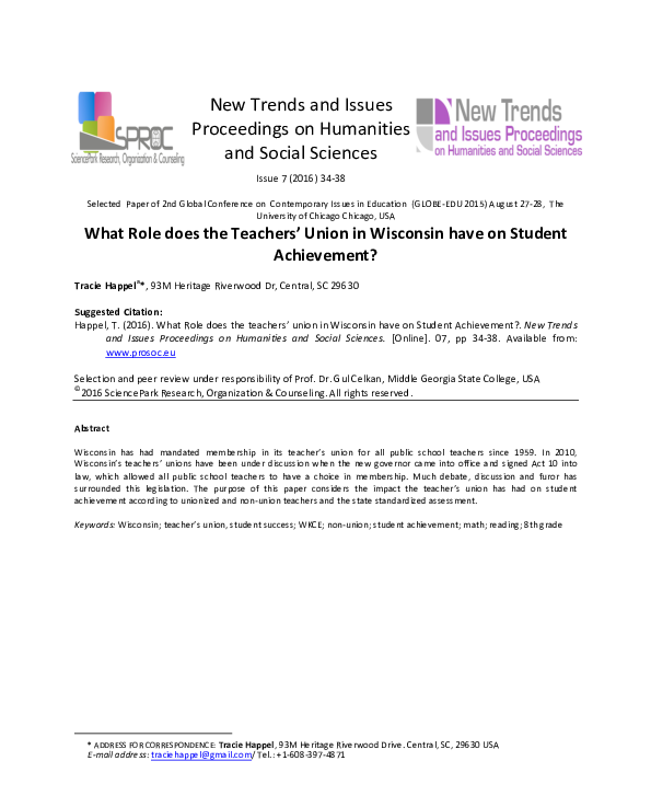(PDF) What Role does the Teachers' Union in Wisconsin have on Student
