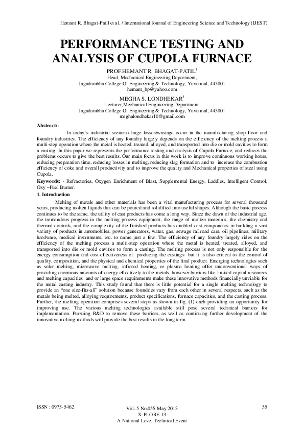 (PDF) PERFORMANCE TESTING AND ANALYSIS OF CUPOLA FURNACE Megha