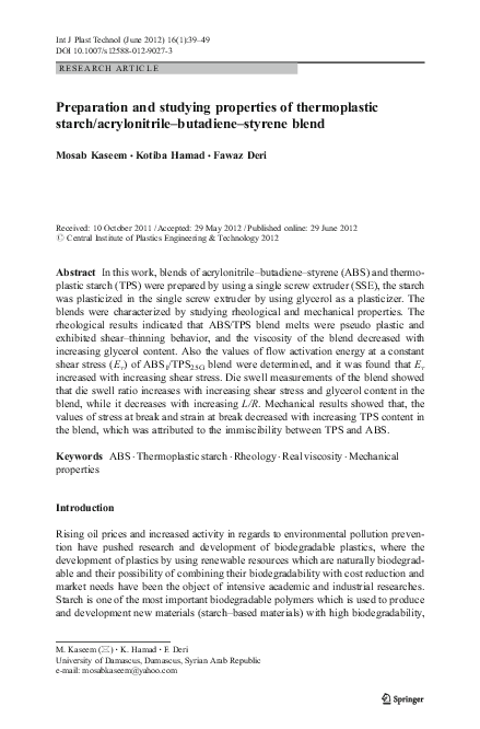 (PDF) Preparation and studying properties of thermoplastic starch ...