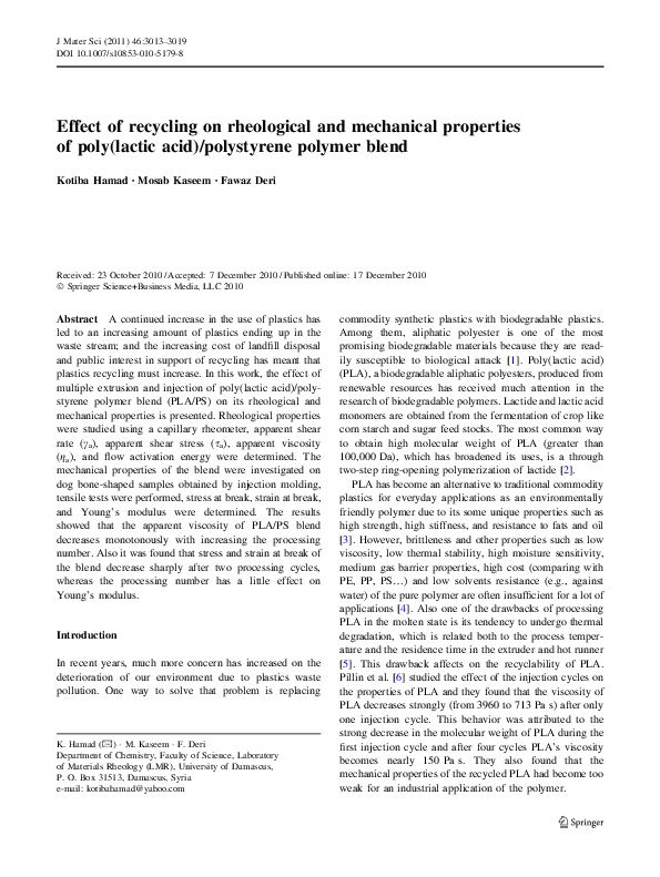 (PDF) Effect of recycling on rheological and mechanical properties of ...