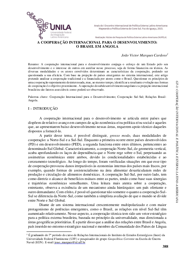 (PDF) A COOPERAÇÃO INTERNACIONAL PARA O DESENVOLVIMENTO: O BRASIL EM ANGOLA