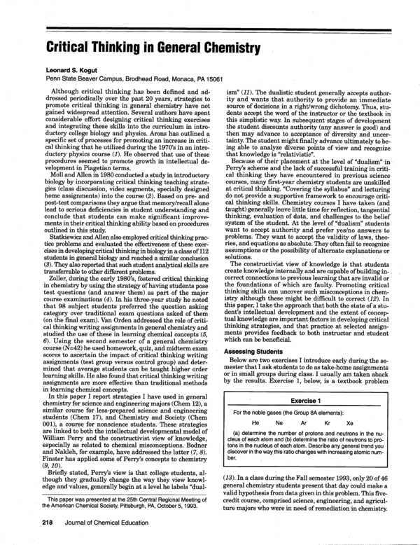 (PDF) Critical Thinking in General Chemistry Journal of Chemical Education