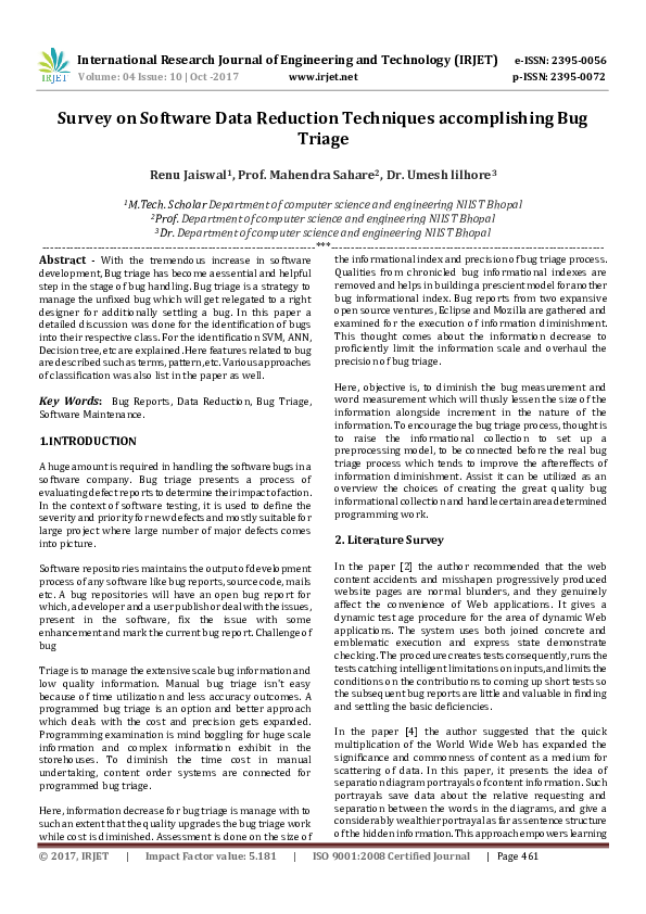 (PDF) Survey on Software Data Reduction Techniques accomplishing Bug Triage