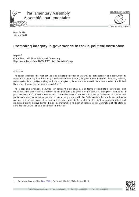 (PDF) Promoting integrity in governance to tackle political corruption