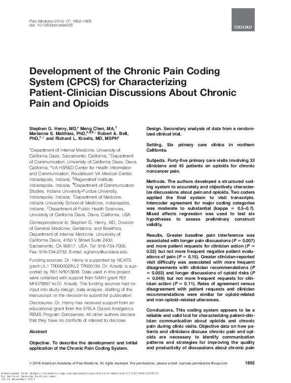(PDF) Development of the Chronic Pain Coding System (CPCS) for ...