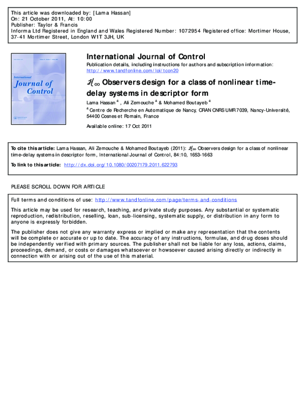 (PDF) International Journal of Control ℋ ∞ Observers design for a class ...