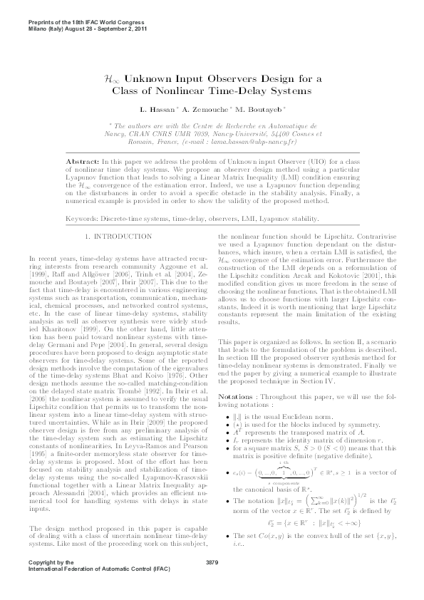 (PDF) H ∞ Unknown Input Observers Design for a Class of Nonlinear Time ...