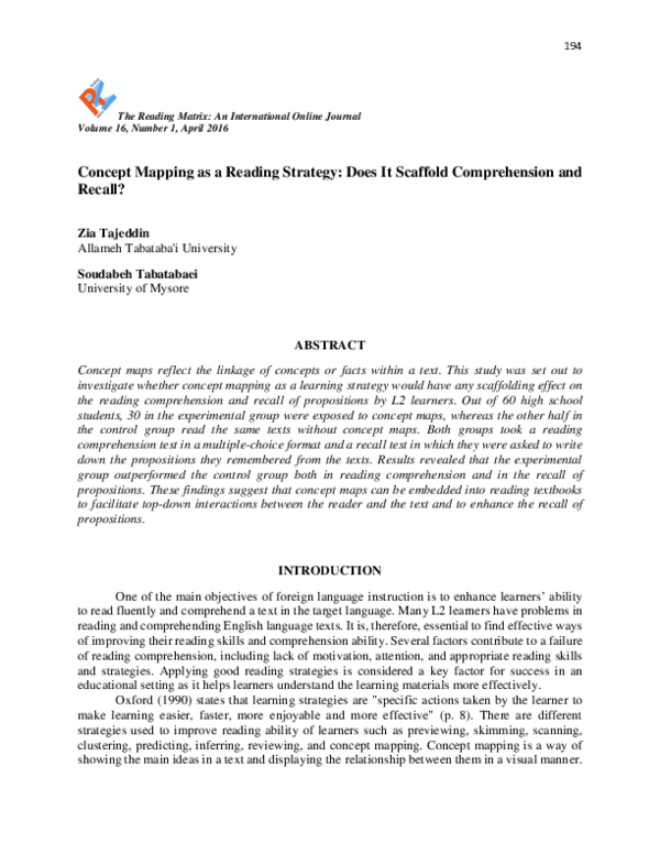 (PDF) Concept Mapping as a Reading Strategy Does It Scaffold Comprehension and Recall