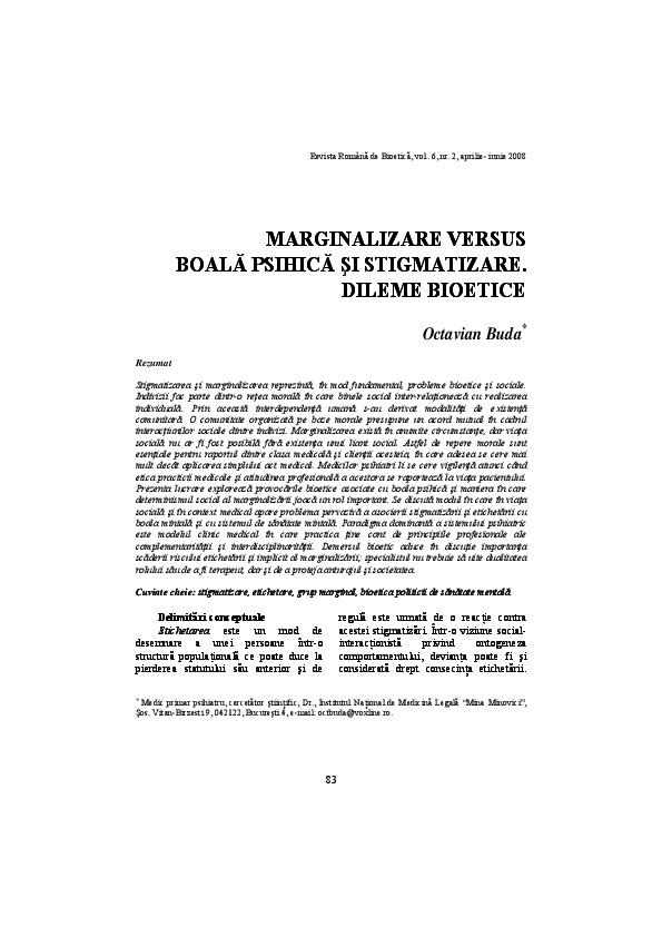(PDF) Marginalizare versus boala psihica si stigmatizare. Dileme bioetice