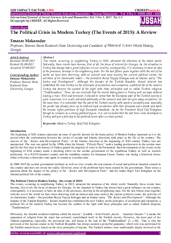 (PDF) The Political Crisis in Modern Turkey (The Events of 2015): A Review