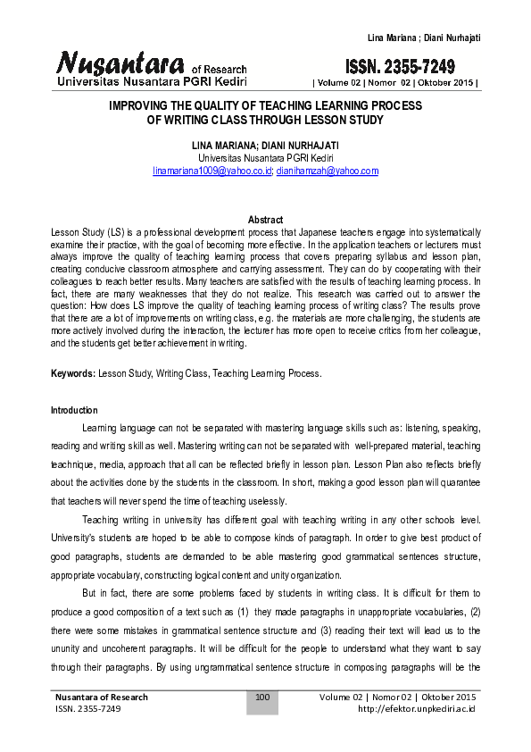 (PDF) IMPROVING THE QUALITY OF TEACHING LEARNING PROCESS OF WRITING ...