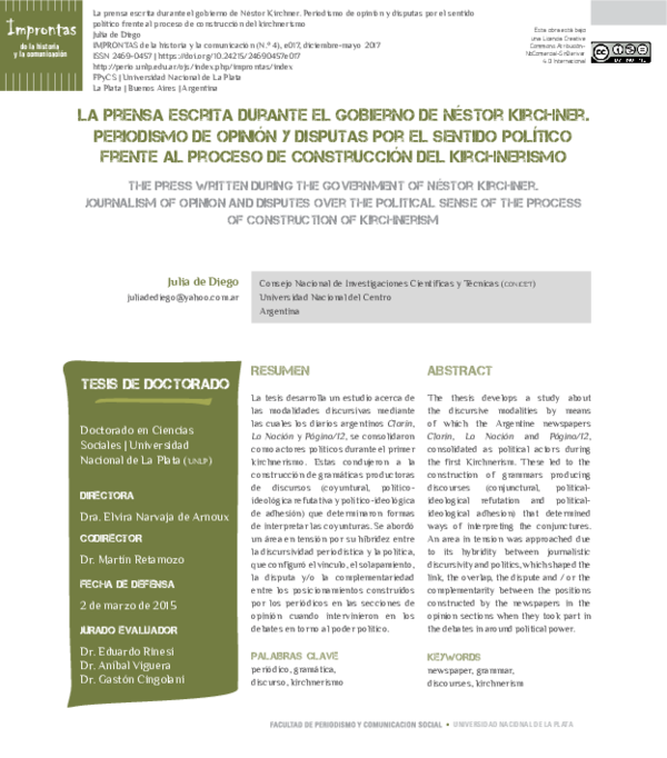 (PDF) La prensa escrita durante el gobierno de Néstor Kirchner ...