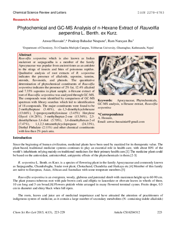 (PDF) Phytochemical and GC-MS Analysis of n-Hexane Extract of Rauvolfia ...