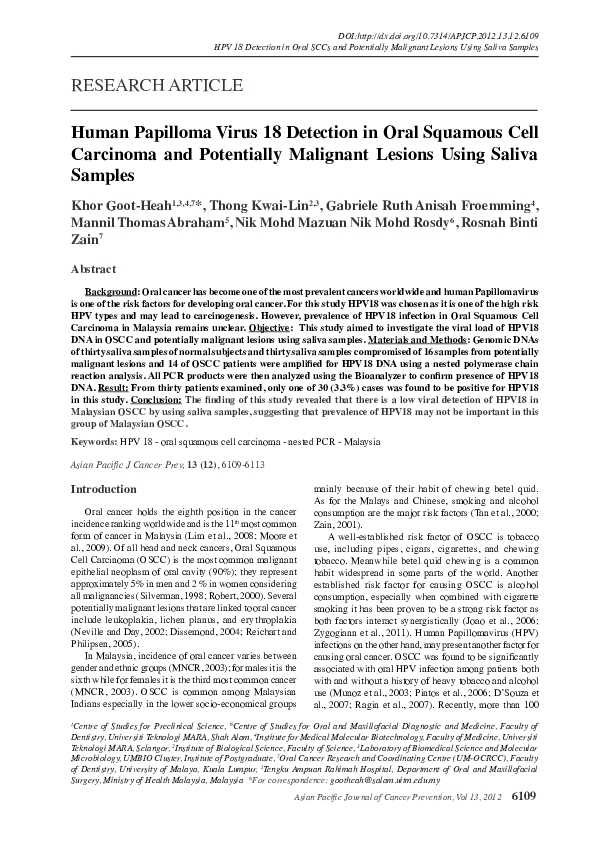 (PDF) Human papilloma virus 18 detection in oral squamous cell ...