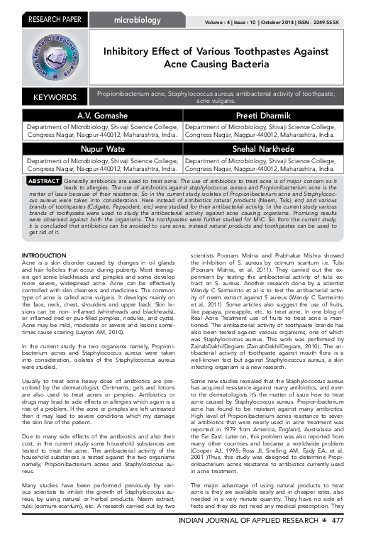 (PDF) Inhibitory Effect of Various Toothpastes Against Acne Causing