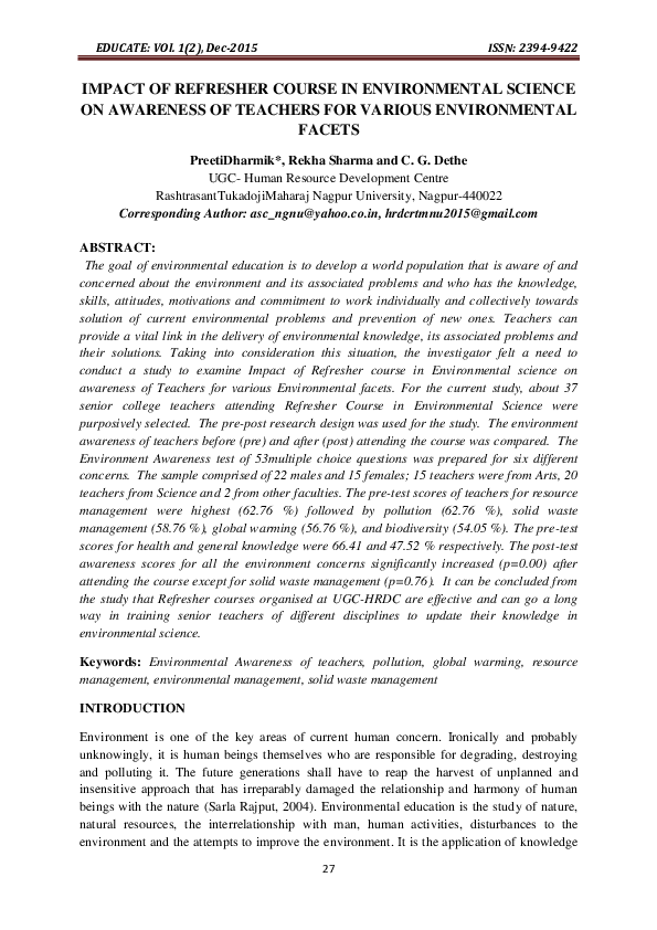 (PDF) IMPACT OF REFRESHER COURSE IN ENVIRONMENTAL SCIENCE ON AWARENESS