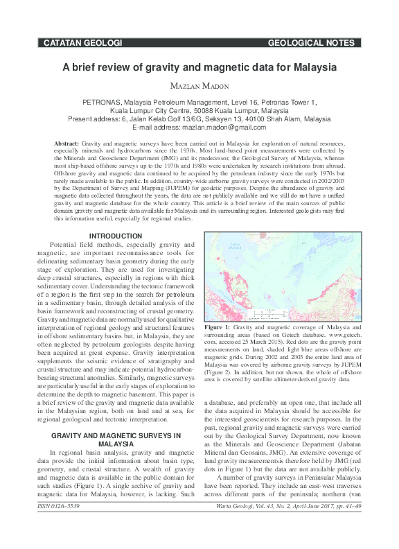 (PDF) A brief review of gravity and magnetic data for Malaysia