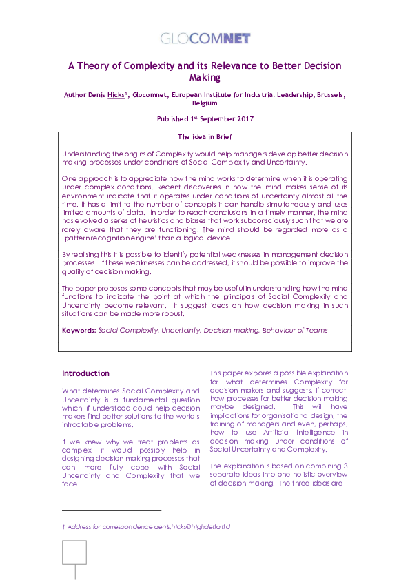(PDF) A Theory of Complexity and its Relevance to Better Decision Making