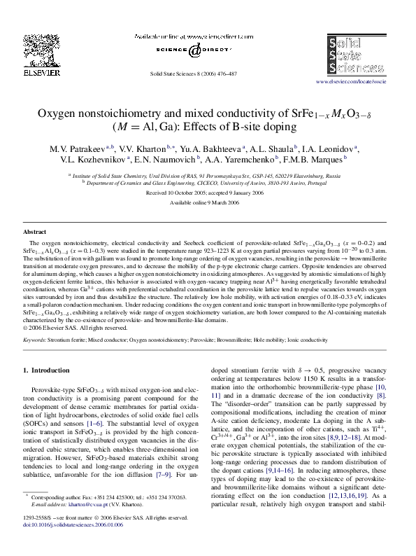 (PDF) Oxygen nonstoichiometry and mixed conductivity of SrFe1−xO3−δ (M ...