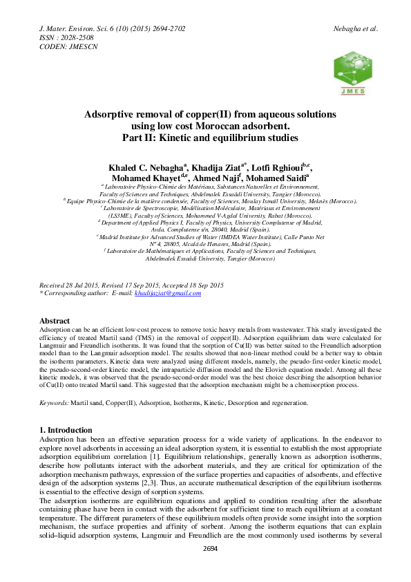 (PDF) Adsorptive removal of copper(II) from aqueous solutions using low ...