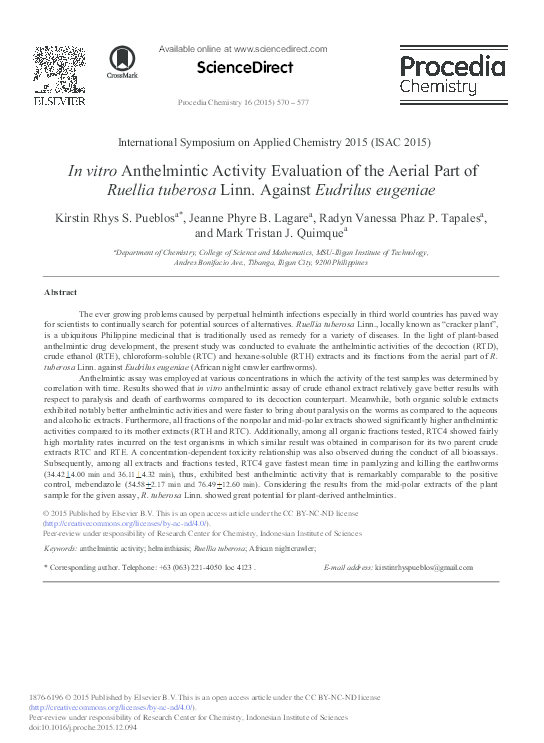 (PDF) In Vitro Anthelmintic Activity Evaluation of the Aerial Part of ...
