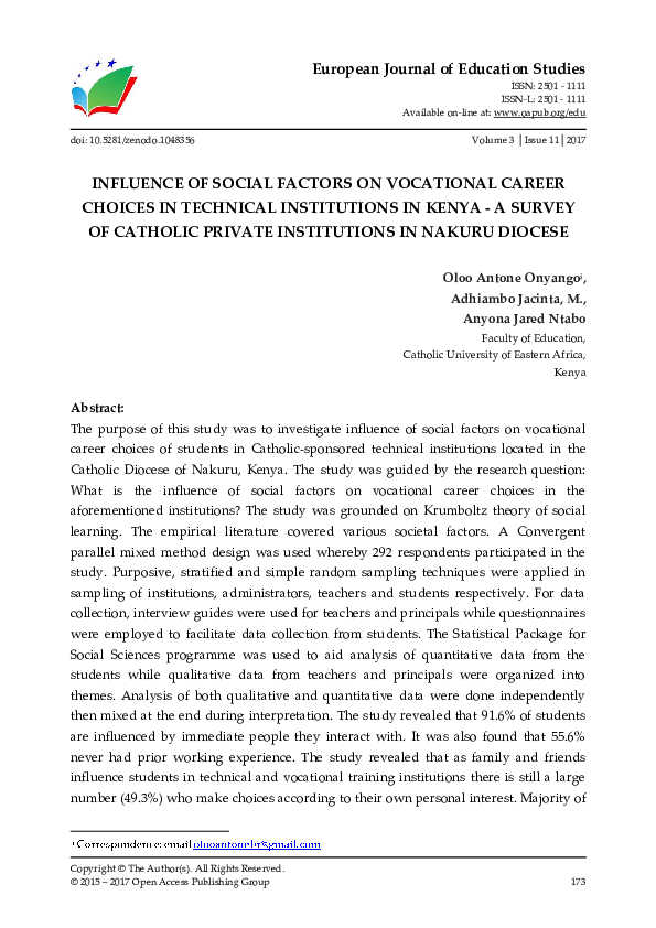 (PDF) INFLUENCE OF SOCIAL FACTORS ON VOCATIONAL CAREER CHOICES IN ...