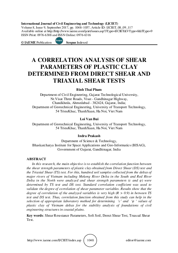 (PDF) A CORRELATION ANALYSIS OF SHEAR PARAMETERS OF PLASTIC CLAY DETERMINED FROM DIRECT SHEAR