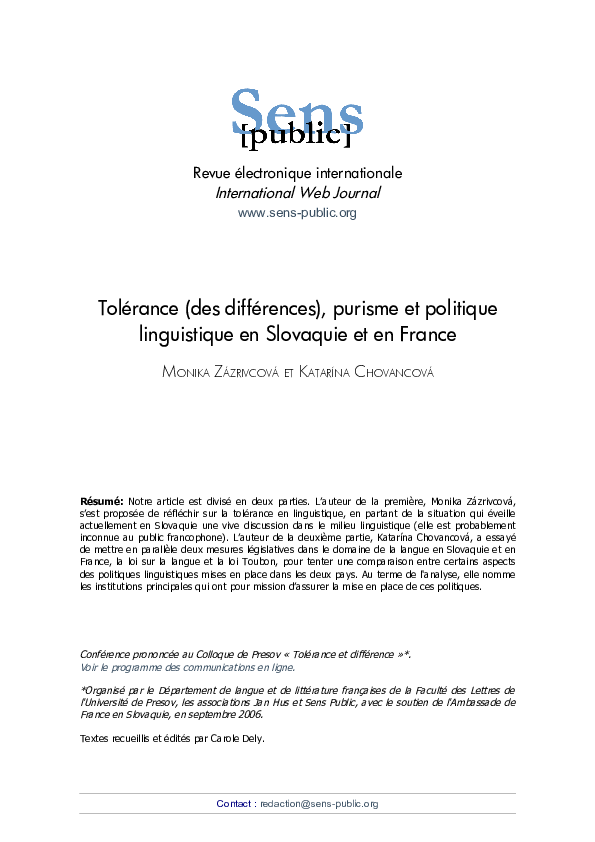 (PDF) Tolérance (des différences), purisme et politique linguistique en