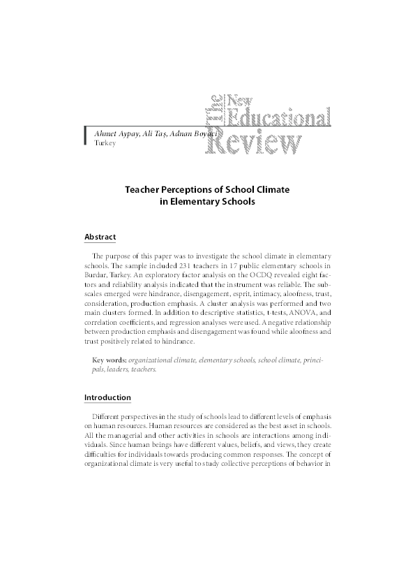 (PDF) Teacher Perceptions of School Climate in Elementary Schools