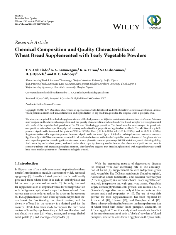 (PDF) Chemical Composition and Quality Characteristics of Wheat Bread ...