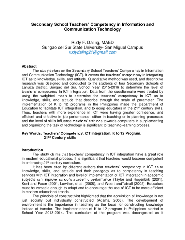 (DOC) Secondary School Teachers' Competency in Information and ...