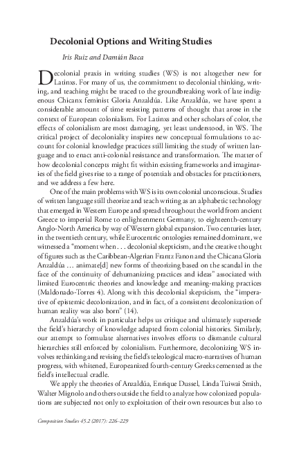 (PDF) Decolonial Options and Writing Studies