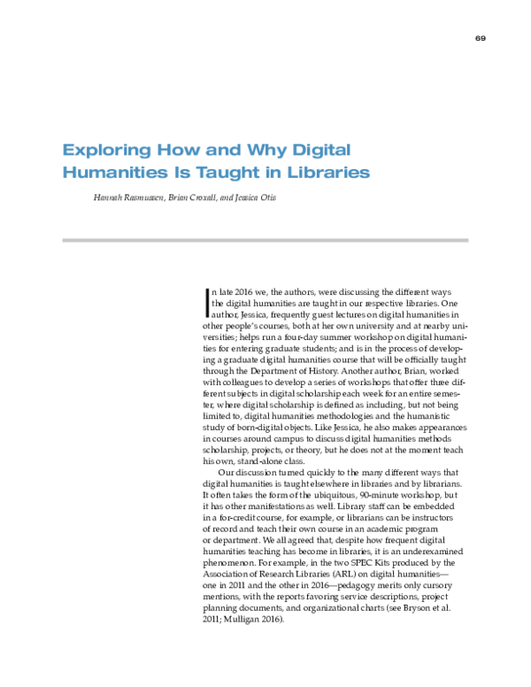 (PDF) Exploring How and Why Digital Humanities is Taught in Libraries