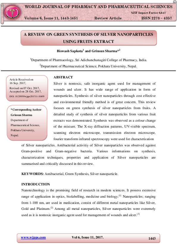 (PDF) A REVIEW ON GREEN SYNTHESIS OF SILVER NANOPARTICLES USING FRUITS ...