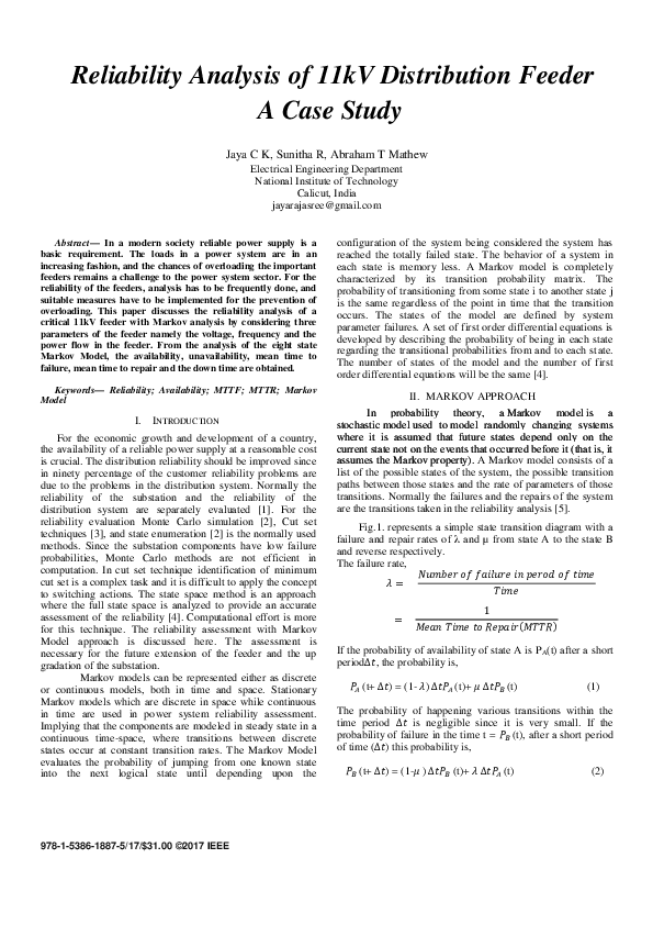 Pdf Reliability Analysis Of 11kv Distribution Feeder A Case Study