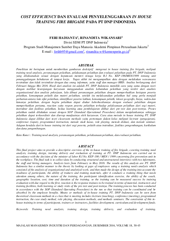 (DOC) COST EFFICIENCY DAN EVALUASI PENYELENGGARAAN IN HOUSE TRAINING