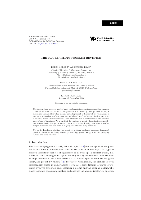 (PDF) The twoenvelope problem revisited Derek Abbott Academia.edu