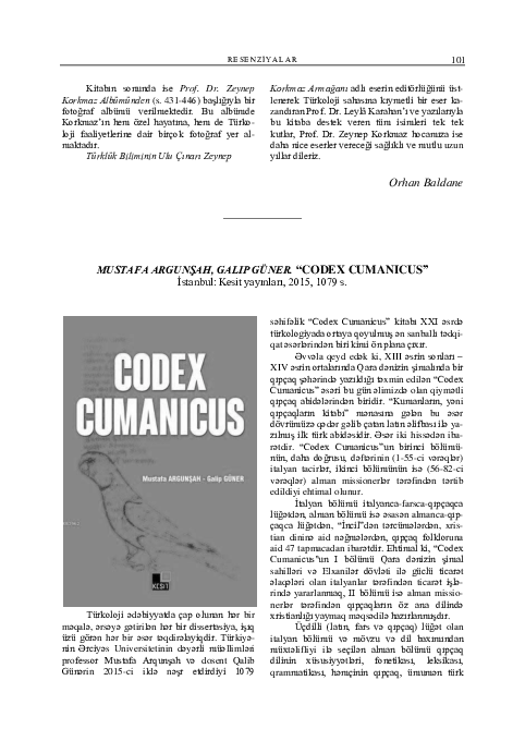 (PDF) MUSTAFA ARGUNŞAH, GALIP GÜNER. “CODEX CUMANICUS” İstanbul: Kesit ...