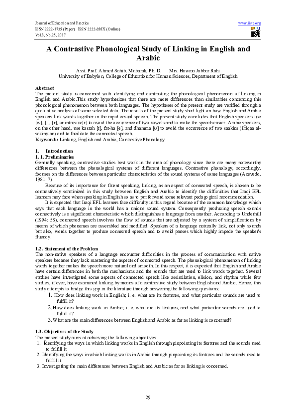 (PDF) A Contrastive Phonological Study of Linking in English and Arabic